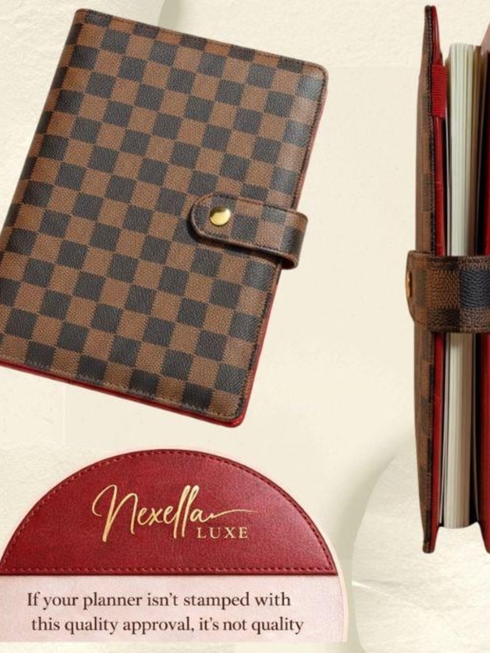Checkered Brown and Black A5 Planner Cover with Red Interior and Snap Closure.